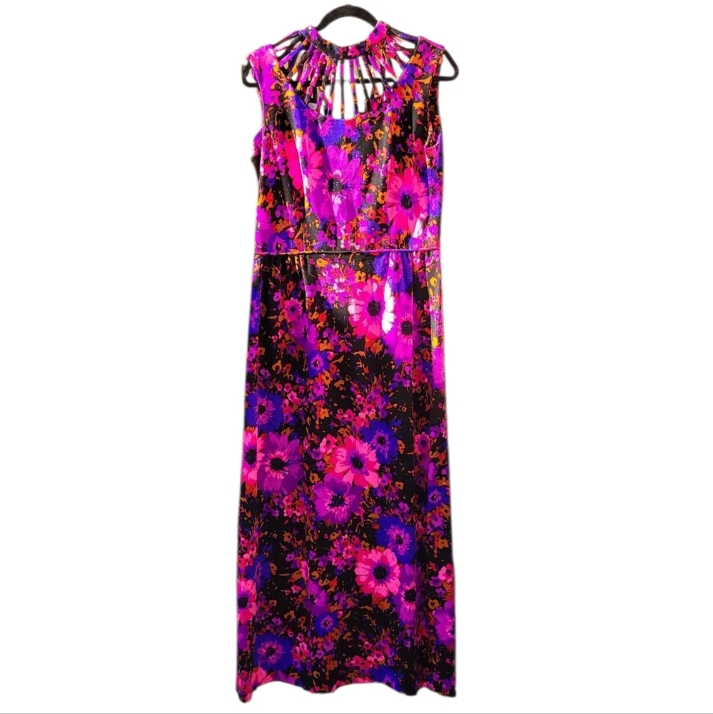 1960s Vintage Gina Rinaldi Psychadelic Floral Maxi Dress With Cutout Neckline - Picture 3 of 10
